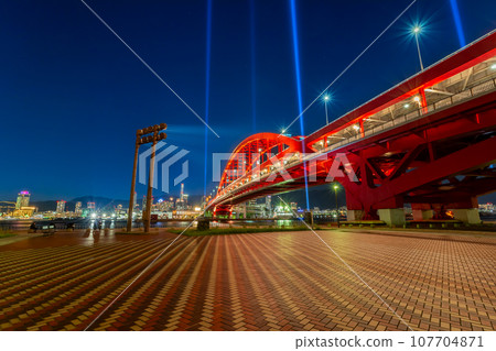 Kobe Ohashi Bridge illuminated at night, Port Island North Park, October 1st, Japan Kobe Ohashi Bridge illuminated at night, Port Island North Park, October 1st, Japan 107704871