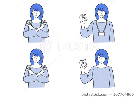 一位裁剪和縫紉的女人做出 OK 手勢和 NG 姿勢 一位裁剪和縫紉的女人做出 OK 手勢和 NG 姿勢 107704966