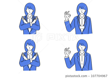 穿著西裝的女士做出 OK 手勢和 NG 姿勢 穿著西裝的女士做出 OK 手勢和 NG 姿勢 107704967