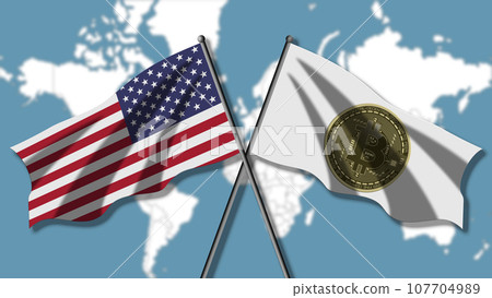 The American flag and the Bitcoin flag, with the blurred world map in the background The American flag and the Bitcoin flag, with the blurred world map in the background 107704989