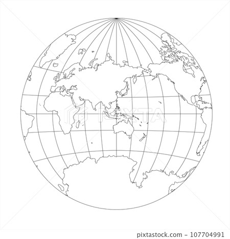 Simplified Map of World in the circle focused on Asia and Australia. Latitude and longitude grid. Van der Grinten projection. Thin black line wireframe vector illustration Simplified Map of World in the circle focused on Asia and Australia. Latitude and longitude grid. Van der Grinten projection. Thin black line wireframe vector illustration 107704991