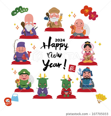 手寫漢字和七福神的新年材料 手寫漢字和七福神的新年材料 107705033