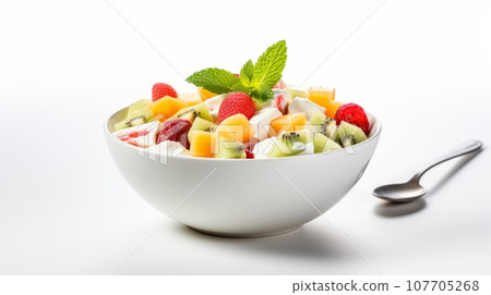 A bowl of fresh veggies and fruit in a healthy creamy green salad on a white background. A bowl of fresh veggies and fruit in a healthy creamy green salad on a white background. 107705268