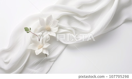 A white silk fabric with two white flowers on a white background. This image expresses a sense of purity, elegance, and beauty. The fabric is smooth and flowing, creating a graceful shape. A white silk fabric with two white flowers on a white background. This image expresses a sense of purity, elegance, and beauty. The fabric is smooth and flowing, creating a graceful shape. 107705298