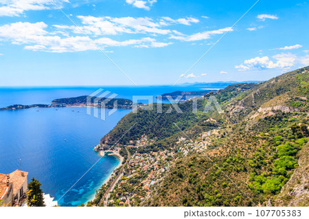 View of the Mediterranean coastline from the top of the Eze village in French Riviera, France View of the Mediterranean coastline from the top of the Eze village in French Riviera, France 107705383