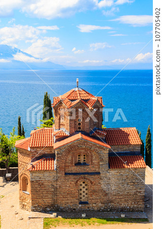 View of Church of St. John at Kaneo and Lake Ohrid in the city of Ohrid, North Macedonia View of Church of St. John at Kaneo and Lake Ohrid in the city of Ohrid, North Macedonia 107705402