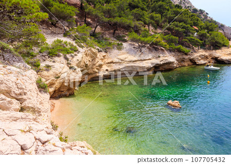 View of Calanque de Morgiou on the Mediterranean shore between Marseille and Cassis in the south of France View of Calanque de Morgiou on the Mediterranean shore between Marseille and Cassis in the south of France 107705432