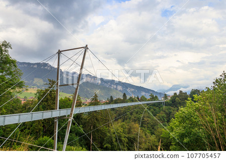 Suspension pedestrian panorama bridge over the Gummi gorge in Sigriswil, Switzerland Suspension pedestrian panorama bridge over the Gummi gorge in Sigriswil, Switzerland 107705457