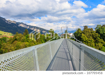 Suspension pedestrian panorama bridge over the Gummi gorge in Sigriswil, Switzerland Suspension pedestrian panorama bridge over the Gummi gorge in Sigriswil, Switzerland 107705458