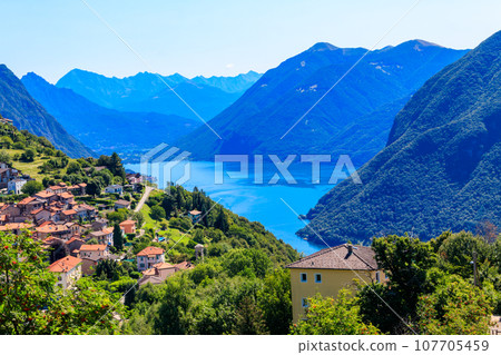 Scenic view of lake Lugano from Monte Bre mountain in Ticino canton, Switzerland Scenic view of lake Lugano from Monte Bre mountain in Ticino canton, Switzerland 107705459