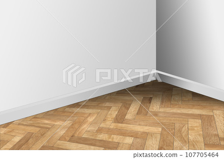 Corner of a Room with Herringbone Wooden Parquet and White Walls 107705464