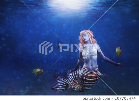 3D Underwater coral reef and mermaid 107705474