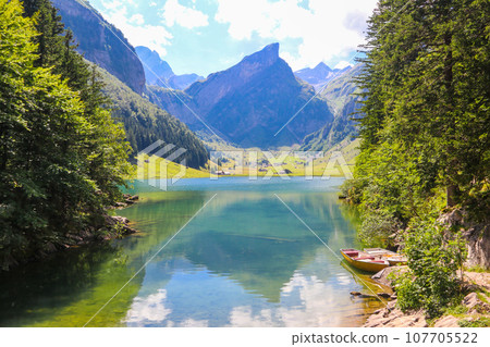 View of Lake Seealpsee near Appenzell in the Alpstein mountain range, Ebenalp, Switzerland 107705522