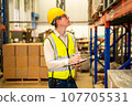 Warehouse workers talking together checking goods in storage 107705531