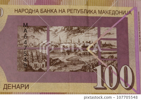 Macro shot of one hundred macedonian denar banknote Macro shot of one hundred macedonian denar banknote 107705548