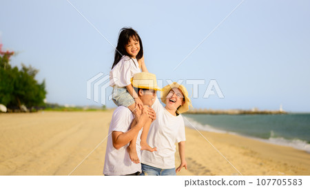 Family travel on beach, Family with car road trip at sea on summer Family travel on beach, Family with car road trip at sea on summer 107705583