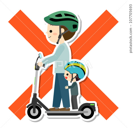 A parent and child riding for two on an electric kickboard A parent and child riding for two on an electric kickboard 107705693
