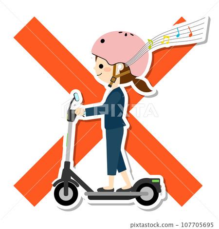 A woman riding an electric scooter while listening to music 107705695