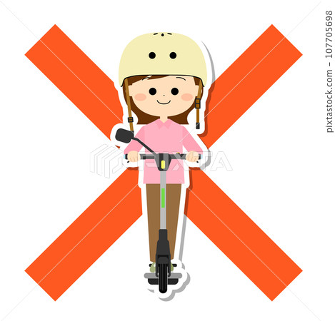 Woman on electric kickboard without helmet attached 107705698