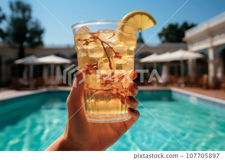 Lemonade in a glass in a person's hand against the background of a villa or hotel pool. The concept of summer holidays and recreation Lemonade in a glass in a person's hand against the background of a villa or hotel pool. The concept of summer holidays and recreation 107705897