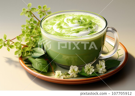 Matcha green tea in a cup on a saucer Matcha green tea in a cup on a saucer 107705912