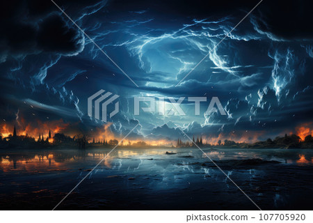 Thunderstorms and lightning in the night sky Thunderstorms and lightning in the night sky 107705920
