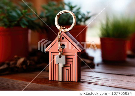 Key to a house, attached to a keychain on table. Concept buying a new house and the real estate property 107705924