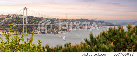 Sunrise shot of Istanbul city from Fethi Pasha Grove overlooking Bosphorus Bridge, or Bogazici Koprusu, Istanbul, Turkey 107706088