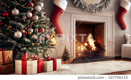 Living room with beautiful Christmas decorations [AI generated image] 107706335