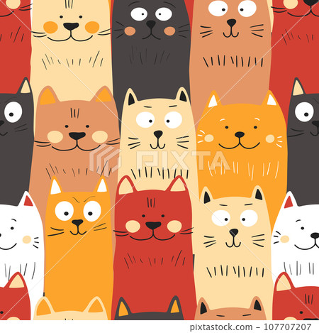 Seamless pattern with cute kitten print. Different scandy cats on color background. Scandinavian style illustration for kids. Vector illustration for fabric, textile, wallpaper, home clothing, pajama Seamless pattern with cute kitten print. Different scandy cats on color background. Scandinavian style illustration for kids. Vector illustration for fabric, textile, wallpaper, home clothing, pajama 107707207