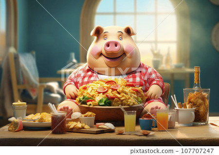 An obese pig eating junk food, obesity problems 107707247