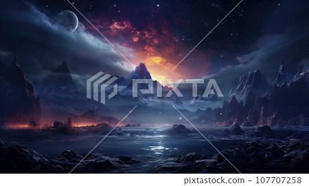 Alien planet - a fantasy landscape with stars, nebula and clouds Alien planet - a fantasy landscape with stars, nebula and clouds 107707258