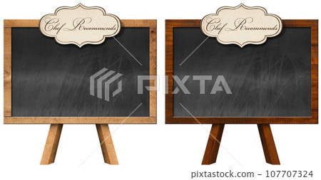Empty Blackboards with Wooden Easel with Text Chef Recommends Empty Blackboards with Wooden Easel with Text Chef Recommends 107707324