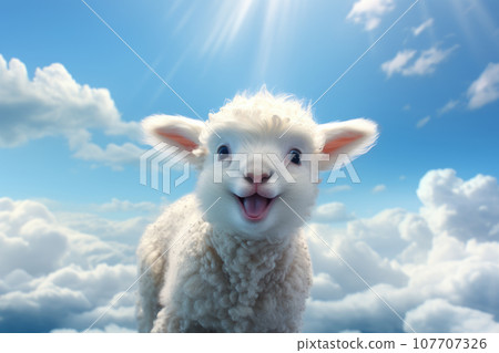 Cute woolly lamb standing in a fluffy soft clouds in a sky. 107707326