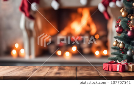 Christmas table with blurred fireplace backdrop 107707541