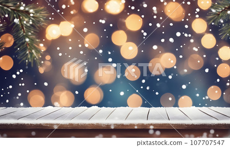 Christmas table, empty, blurred snowy bokeh 107707547