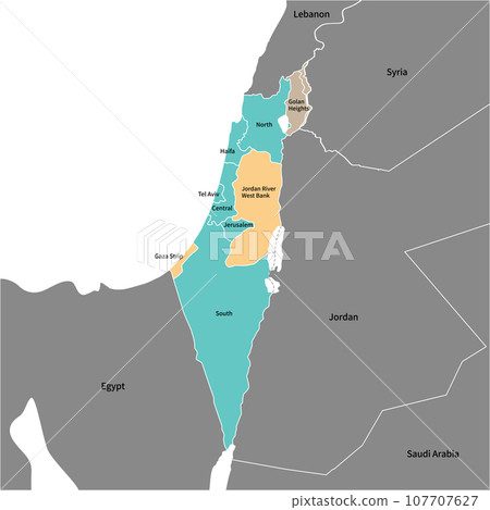 Map of Israel's districts, Palestinian territories, and the Golan Heights, with surrounding countries and English place names 107707627