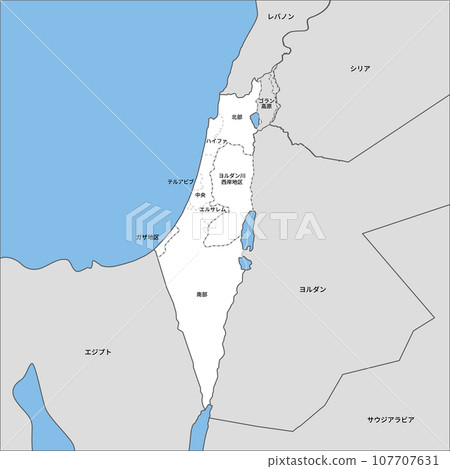 Blank map of each district of Israel, the Palestinian Authority, and the Golan Heights, surrounding countries, and place names in Japanese Blank map of each district of Israel, the Palestinian Authority, and the Golan Heights, surrounding countries, and place names in Japanese 107707631