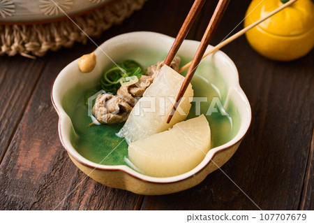Oden ingredients: radish and beef tendon Oden ingredients: radish and beef tendon 107707679