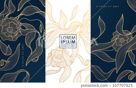 Set of vector design elements labels, frames, wedding invitations, social net stories, packaging, luxury products, perfume, soap, wine. Line golden backgrounds, floral patterns with leaves Set of vector design elements labels, frames, wedding invitations, social net stories, packaging, luxury products, perfume, soap, wine. Line golden backgrounds, floral patterns with leaves 107707825