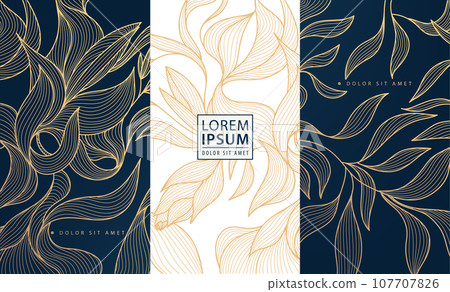 Set of vector design elements labels, frames, wedding invitations, social net stories, packaging, luxury products, perfume, soap, wine. Line golden backgrounds, floral patterns with leaves Set of vector design elements labels, frames, wedding invitations, social net stories, packaging, luxury products, perfume, soap, wine. Line golden backgrounds, floral patterns with leaves 107707826