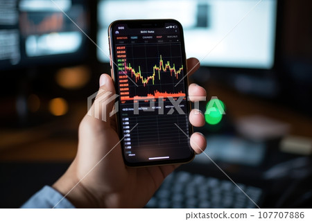 Online Trading and Financial Growth Close-Up Hand Reaches for Smartphone  107707886