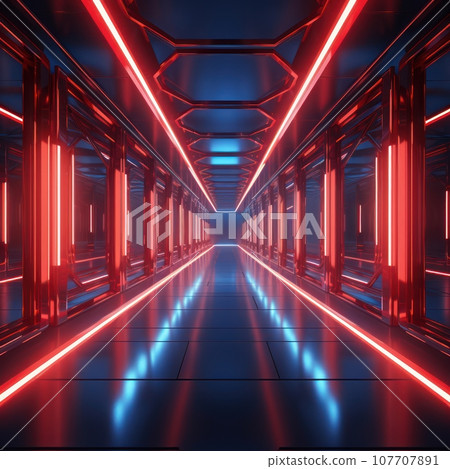 Futuristic Nightlife Scene Vibrant Neon Tunnel with Metallic Textures and Irregular Geometry, ai generated  107707891
