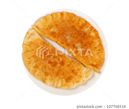 Deep-Fried Flat Pie. Turnover with Filling of Ground Meat and Onions, Stuffed Chebureki, 107708516