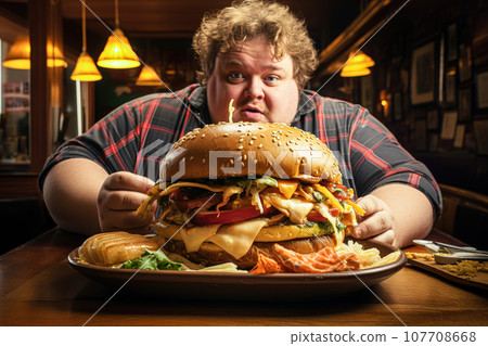 Fat man eating hamburgers. Unhealthy food and Overweight male. Generative Ai. 107708668