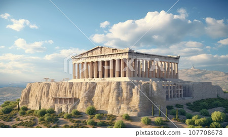 The Parthenon atop the Acropolis ultra realistic illustration - Generative AI. 107708678