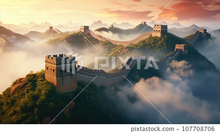 The Great Wall of China at dawn ultra realistic illustration - Generative AI. 107708706