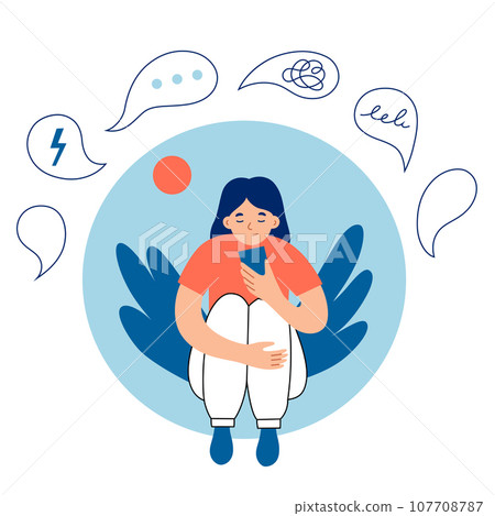 Depressed, sad woman, hand drawn composition of problems, girl sitting with mobile phone, psychological help, friends support, guarding from negative thoughts Depressed, sad woman, hand drawn composition of problems, girl sitting with mobile phone, psychological help, friends support, guarding from negative thoughts 107708787