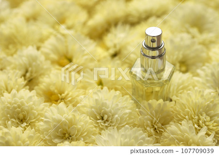 Women fragrance perfume bottle with flowers background close up. Unnamed blank sprayer bottle of perfume Women fragrance perfume bottle with flowers background close up. Unnamed blank sprayer bottle of perfume 107709039