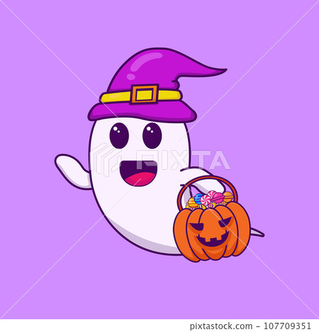 vector illustration of Halloween Ghost carrying a Candy Basket 107709351